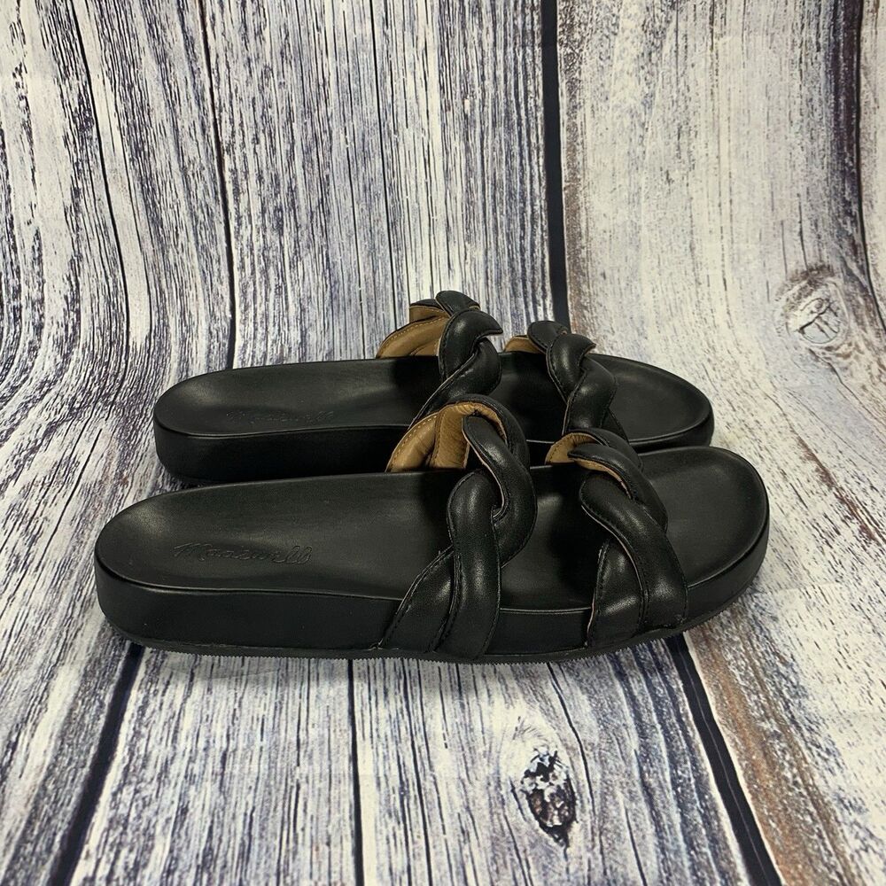 Madewell The Walker Slide Black Leather Puffy Braided Straps ND961 Women’s 8
